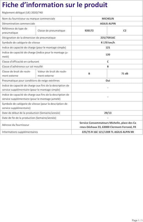Michelin Agilis Alpin M+S - 225/75R16 121R - Pneu Neige [Classe énergétique C]