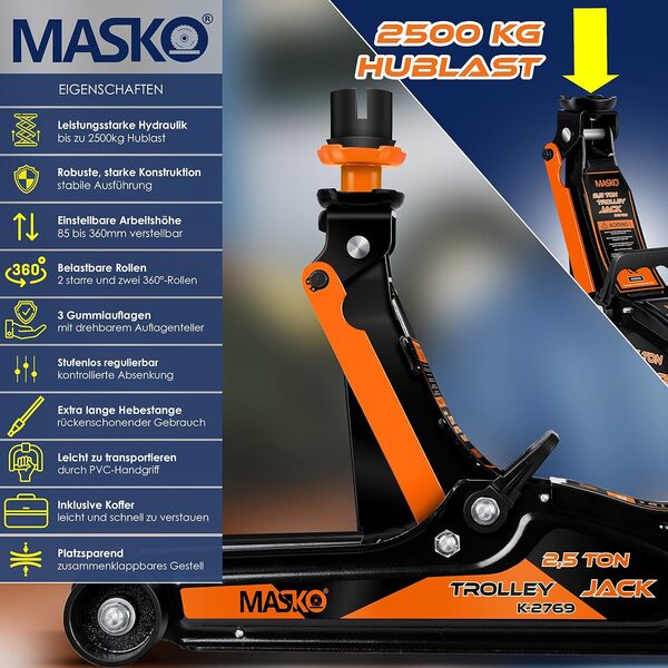 MASKO® Cric hydraulique Hauteur de Levage Plate + 2X Coussinets en Caoutchouc + Gants Cric de manœuvre Automobile hydraulique à Rouleaux 360° Cric sous châssis 2.5 Tonnes - Orange
