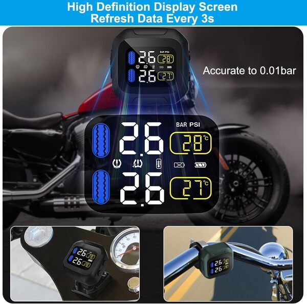 OBEST TPMS Système de surveillance de la pression des pneus de moto, testeur de température sans fil, alarme de fuite d'air, chargement USB, avec 2 capteurs externes argentés