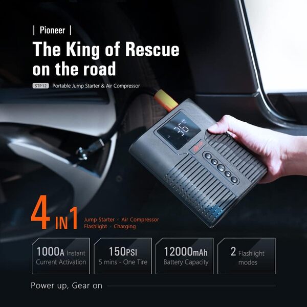 Arzin STP12 Compresseur d'air portable 1200 A Peak avec démarreur de démarrage, batterie 12000 mAh, 150 PSI avec gonfleur de pneu numérique, Powerbank, booster de voiture pour moteurs à essence de 8 L