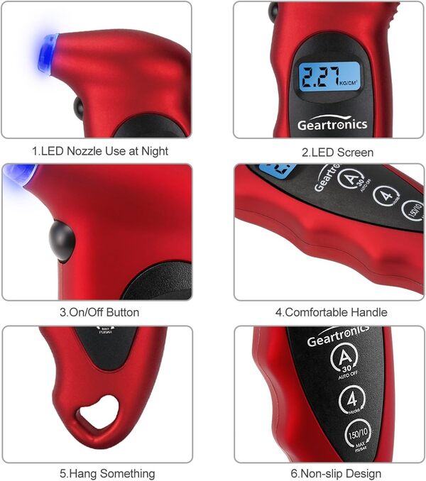Geartronics Manomètre numérique de Pression des pneus 150 PSI 4 réglages avec rétroéclairage LCD pour véhicule Moto
