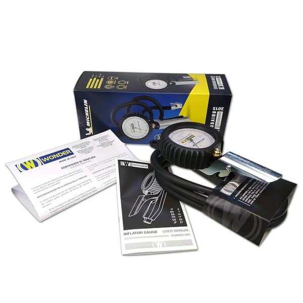WONDER, Jauge de gonflage de pneu EURODAINU 1991/CEE, double barre graduée (0,7–12) – psi (10–174) Ø 80 mm, tuyau de 150 cm, pour valves standard