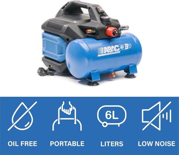 ABAC Compresseur d'Air Portable Silencieux EASE-AIR 6, Compresseur d'Air sans Huile, Pression Maximale 8 Bar, Puissance 0,75 ch, Réservoir 6 litres, Niveau Sonore 49 dB, Blue