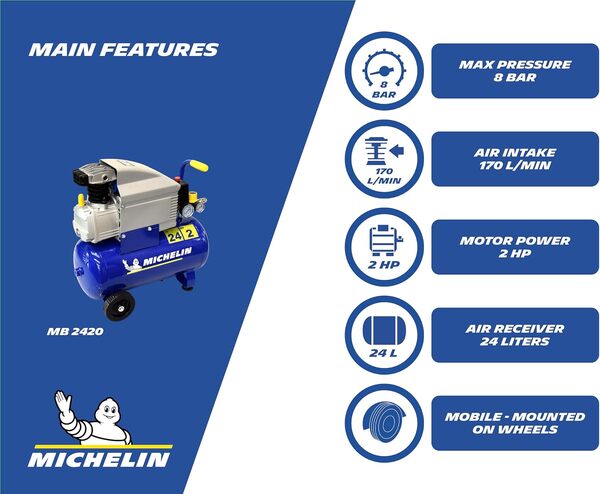 MICHELIN Compresseur d'Air MB24 - Cuve 24 Litres - Moteur 2 cv - Pression Maximale 8 bar - Débit d'Air 170 l/min - 10.2 m³/h