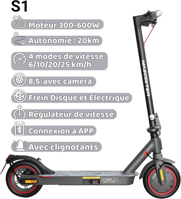 Trottinette Èlectrique Adulte - 300W-1200W Max, Autonomie 20-30km - Clignotants et Régénération de Batterie au Freinage – Roues 8.5