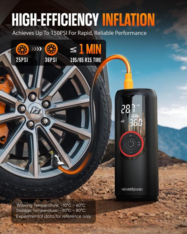 NEVERLAND Gonfleur de pneu portable 20 000 mAh, pompe à air avec jauge numérique double éclairage, pompe électrique pour voiture, moto, vélo, téléphone de charge 150 psi, DC 12 V