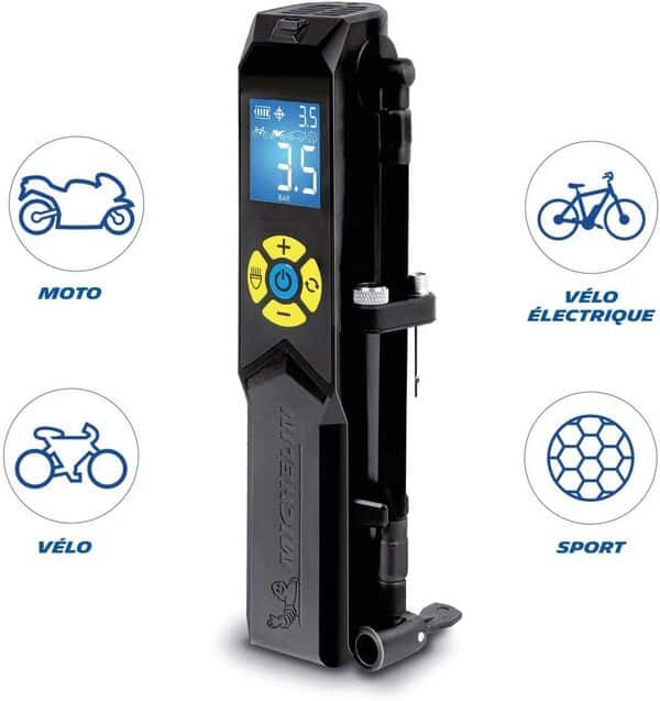 Mini-Compresseur à air Portatif USB MICHELIN - Gonfleur de Pneu vélo, Moto, Automobile, Remorques - Compatible Valve Schrader, Fourni avec Adaptateur Presta - Pression Max 150 PSI/10,3 Bar Noir