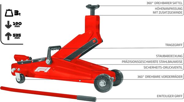 Formula 1 Cric hydraulique pour SUV, capacité de Charge de 3 tonnes, avec poignée de Transport, Surface d'appui rotative à 360 °, roulettes pivotantes