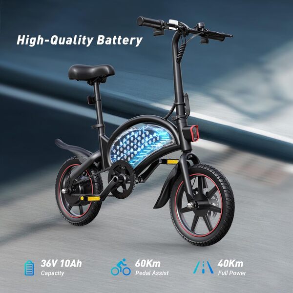 DYU Vélo Électrique Pliable,14 Pouces Vélo Électrique Portable,Smart E-Bike, Pédalage Assisté, Hauteur Réglable, Portable Compact, Adulte Unisexe (Noir, D3F 10AH)