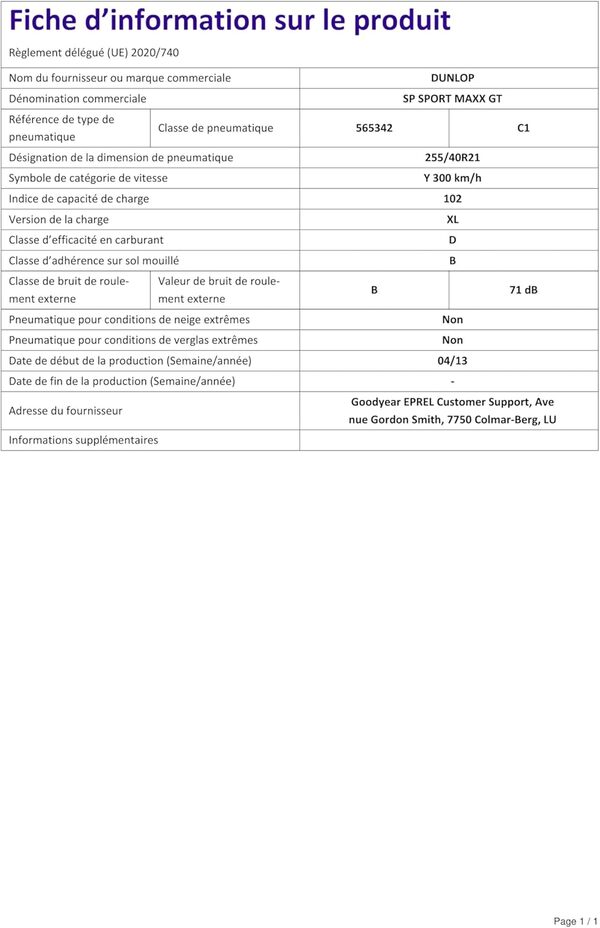 Dunlop SP Sport Maxx GT XL MFS - 255/40R21 102Y - Pneu Été [Classe énergétique D]