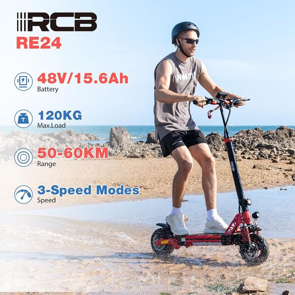 RCB RE24 Trottinette électrique Adulte, Motor 800W, Jusqu'à 25 km/h, 15.6Ah Batterie, Autonomie 60KM, Pneus 10'', Contrôle APP, Pliable Scooter électrique, Double Frein, Double Amortisseur