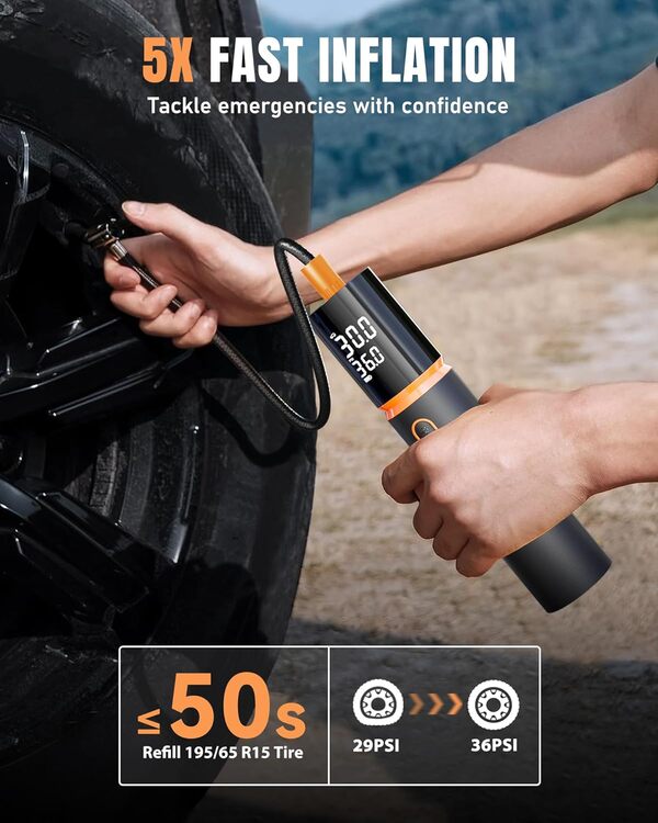Gonfleur de pneu portable 150 PSI et 20 000 mAh Pompe à air pour pneus de voiture avec manomètre des pneus, gonfleur de pneu sans fil 5 fois plus rapide, pompe à vélo pour voiture, moto, vélo, ballon