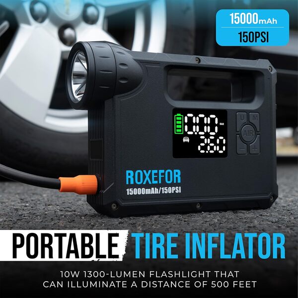Gonfleur de pneu portable et compresseur d'air de voiture, 150 PSI avec batterie de 15000 mAh et lampe de poche | Pompe à air sans fil pour pneus de voiture, vélos, motos et ballons
