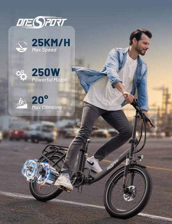 ONESPORT OT16-2 Vélo Électrique Pliant, 20 Pouces Ebike avec Batterie Amovible 48V 17Ah & Moteur 250W, 3 Modes de Conduite, Écran LCD Intelligent et Connexion Bluetooth, Urban Velo Pliant Adulte