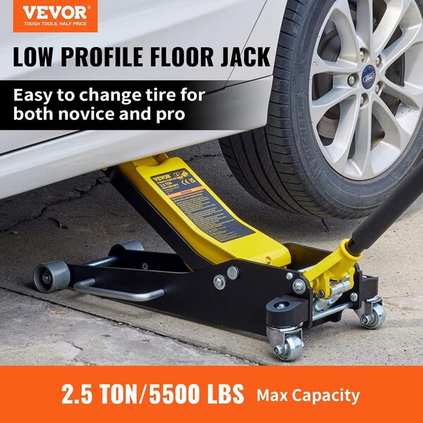 VEVOR Cric Hydraulique Rouleur Capacité de 2,5 T Cric de Plancher Hydraulique à Profil Bas Hauteur 95-475 mm Cric de Service Profil Bas Utilisé pour Une Utilisation Industrielle Générale ou Intensive
