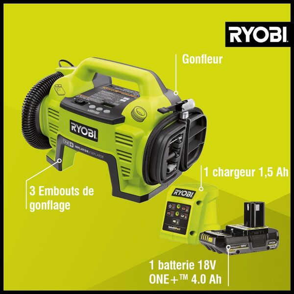 Ryobi - Compresseur - gonfleur 18V - jusqu'à 10,3 bars - Livré avec 3 embouts de gonflage + 1 batterie 2,0 Ah + 1 chargeur rapide 2,0 A - R18I-1C20GZL