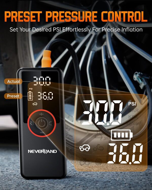 Neverland Gonfleur de pneu portable 25 000 mAh, pompe à air 150 psi, pour voiture, moto, vélo, téléphone