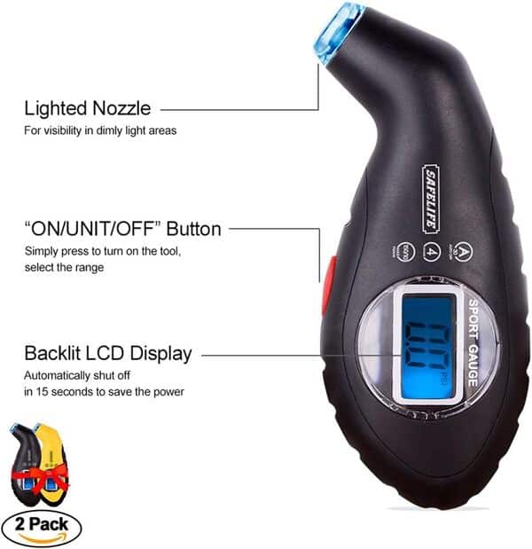 SAFELIFE Lot de 2 Jauge de Pression des pneus numérique 100 psi 4 réglages avec écran LCD rétro-éclairé et Prise en Main sûre