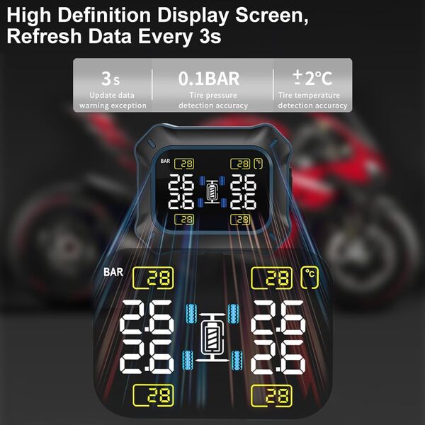 OBEST 4 Roues TPMS sans Fil pour Moto,Outils pour Système de Contrôle de la Pression des Pneus,Alimentation USB,Écran LCD avec 4 Capteurs Externes,Convient pour Les Véhicules Tout Terrain
