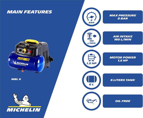 Michelin MBL6 Compresseur d'Air Portable, Compresseur d'Air Sans Huile de 6 Litres, Manomètre Intégré, Pression Max. 8 Bar, Puissance 1.5 CV