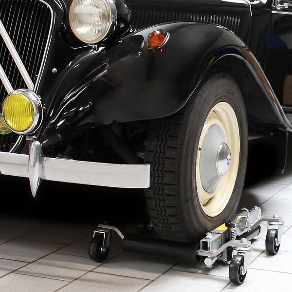 Wiltec Jeu Chariot de déplacement 2x Cric Go Jack Hydraulique 680kg par Cric Largeur de pneu 30 cm Taille 620 x 540 x 330 mm Noir argenté Goupille Sécurité Lève voiture Atelier Garage