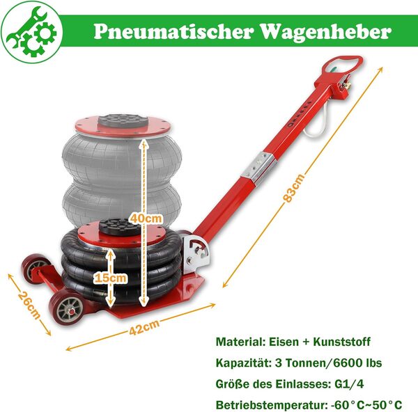 SUBTLETY Cric pneumatique 3T Air Jack avec triple sac de 150 à 400 mm et longue poignée 6600 livres pour SUV, camion, voiture