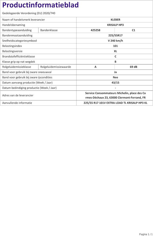 Kleber Krisalp HP3 EL FSL M+S - 225/55R17 101V - Pneu Neige [Classe énergétique C]