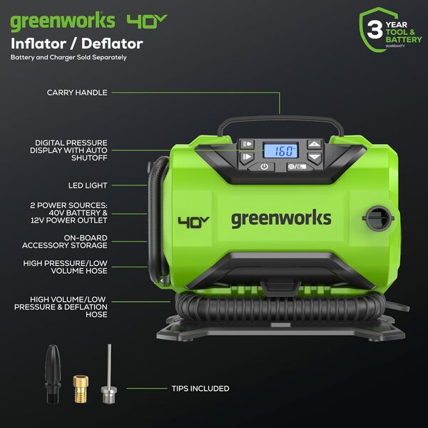 Greenworks Gonfleur de pneu sans fil 40 V, Compresseur d'air Portatif Pompes 160 psi, Outil Uniquement