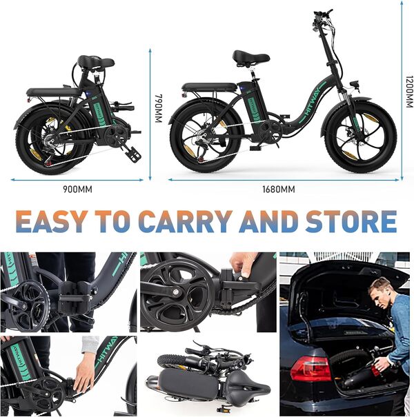 HITWAY E-Bike Vélo électrique 20 Pouces Fat Tire Pliant, 250W Moteur, 36V/12Ah Batterie au Lithium, Autonomie maximale 35-90 km