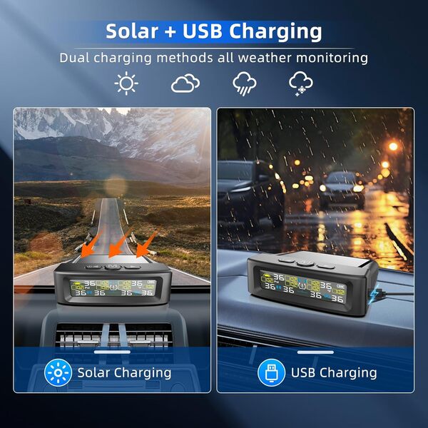 KAOLALI Système de surveillance de la pression des pneus à 6 roues avec affichage numérique, 9,9 bar/144 PSI Max, charge solaire et USB, pour camions, caravanes, bus