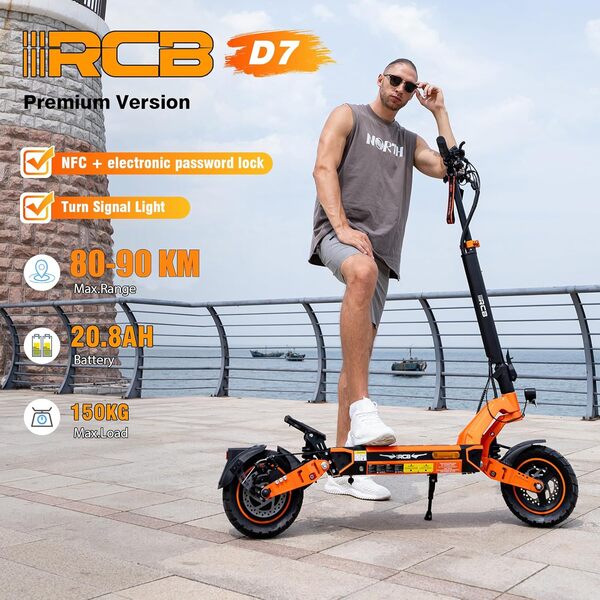 RCB D7/D7 Pro (Version Premium) Trottinette Electrique,NFC/Clignotant/APP, Pente de 26%, Moteur 500W /Pointe 1600, 80-110KM, 20.8-27Ah,10 Pouces Pneus Flatproof,Double Suspension