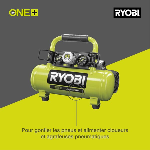 RYOBI Compresseur d’Air Sans Fil 18V ONE+ R18AC-0 – Pression Max 8,3 Bars, Compact, Léger et Puissant, Idéal Gonflage Pneus, Outils Pneumatiques et Travaux de Bricolage – Batterie Non Incluse