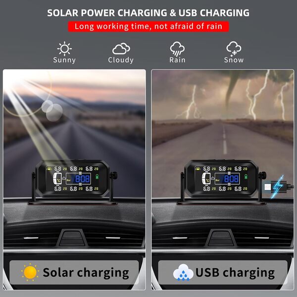 KAOLALI Système de Surveillance de la Pression des Pneus TPMS, 【6-Roues Mode】 0.01 Bar Haute Précision Recharge Solaire, Affichage de l'heure, avec 6 Capteur Pression Pneu pour Caravane Camion SUV