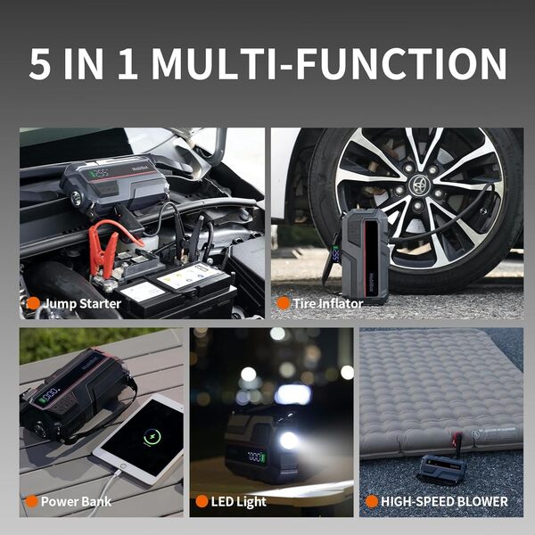 MobiBot Démarreur avec compresseur d'air et pompe à air, booster de batterie de voiture puissant 2000 A, gonfleur de pneu 150 psi, pompe à air portable rapide pour matelas, banque d'alimentation 16