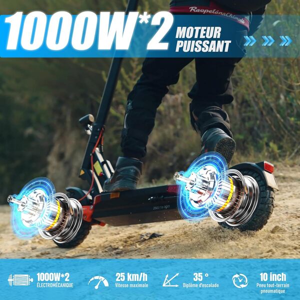 Trottinette Électrique Adulte, Batterie 60V/48 13/18Ah,Moteur 600/2000W,Trotinette Electrique Puissante Tout Terrain Ultra Legere Double Suspension,10 Pouces Scooter Électrique lectrique