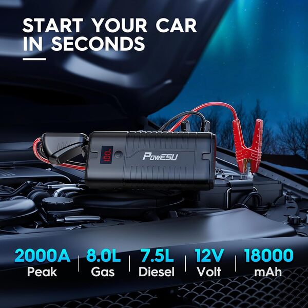Démarreur de voiture portable – Booster de batterie 2000 A crête 18000 mAh (jusqu'à 8,0 L essence ou 7,5 L moteur diesel) 12 V avec câbles de démarrage clignotants, QC 3.0 et lumière LED