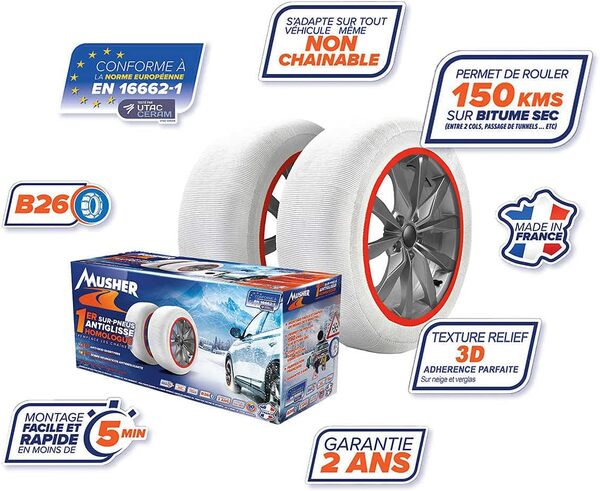 MUSHER Chaînes neige chaussettes textile PREMIUM Taille 10 Made in France (la paire)