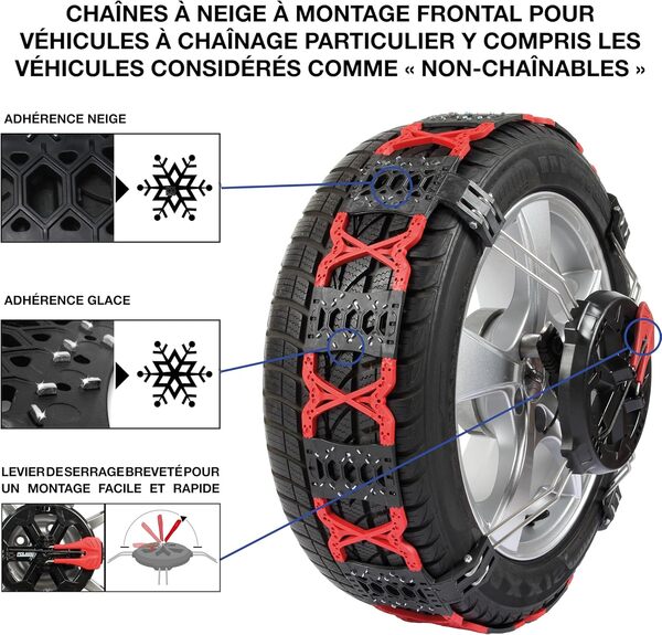 Polaire Grip - Paire de Chaines à Neige Frontales Pour Pneu Auto - Adhérence et Grip d'une Chaine - Sur Neige et Glace - Tension et Montage Rapide et Facile - Tension et Centrage automatiques (60)