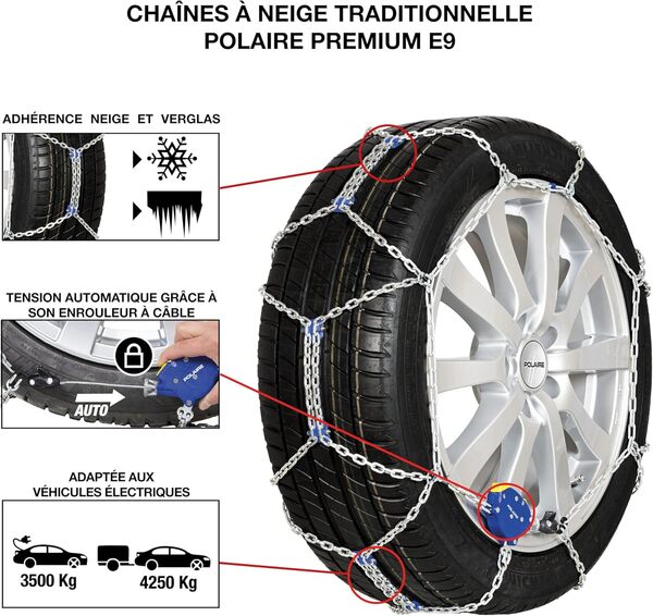 Polaire PREMIUM e9 – Chaines à Neige Traditionnelle Pour Pneu Auto – Très Bon Rapport Qualité Prix Sur Neige et Glace – Tension Automatique – Fournie avec Boîte de Transport et Gants – Garantie 2 Ans