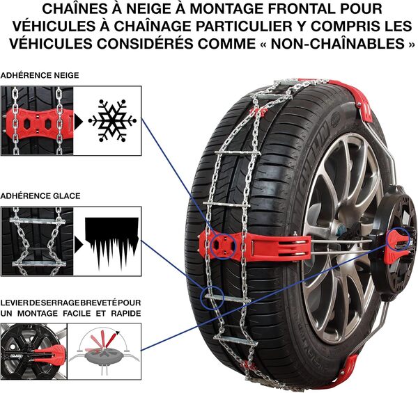 Polaire Steel Grip - Paire de Chaines à Neige Frontales Pour Pneu Auto - Adhérence et Grip d'une Chaine - Sur Neige et Glace - Tension et Montage Rapide et Facile - Tension et Centrage automatiques