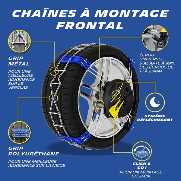 MICHELIN FAST GRIP Chaînes à neige à Montage Frontale n°70 - Véhicules Non Chaînables - Compatibles Systèmes ABS ESP - Tension Automatique - Montage en 2 Min - Adhérence Optimale sur Neige Verglas
