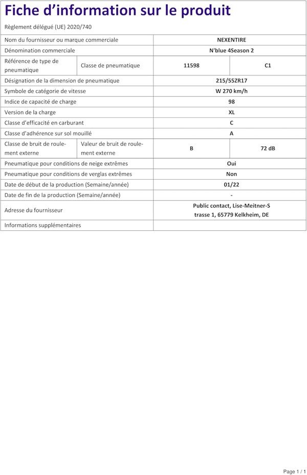 NEXEN 215/55 R17 98W Pneu 4 saisons XL [Classe énergétique C]