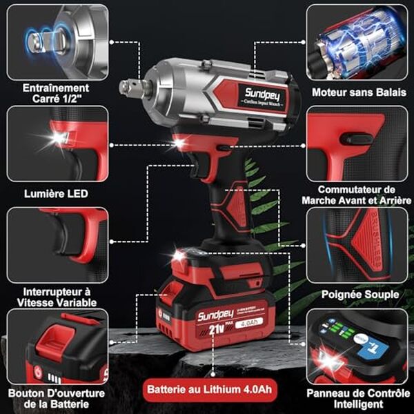 Découvrez les performances de la clé à chocs sans fil Sundpey 1200Nm : un outil alliant puissance et polyvalence pour tous vos besoins de bricolage et mécanique