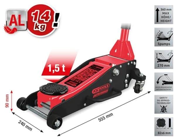 Découvrez l'efficacité du cric hydraulique en aluminium KS Tools Performance 1500 kg : un équipement essentiel pour soulever votre véhicule en toute sécurité et facilement.